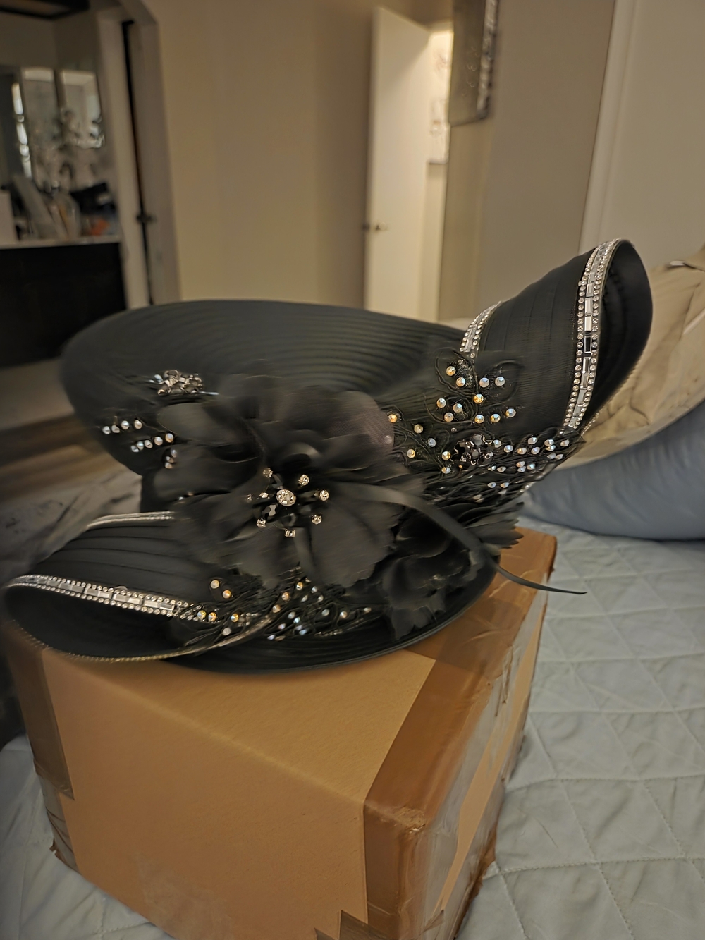 Black Embellished Church Hat with Floral Accent - Picture 2 of 7